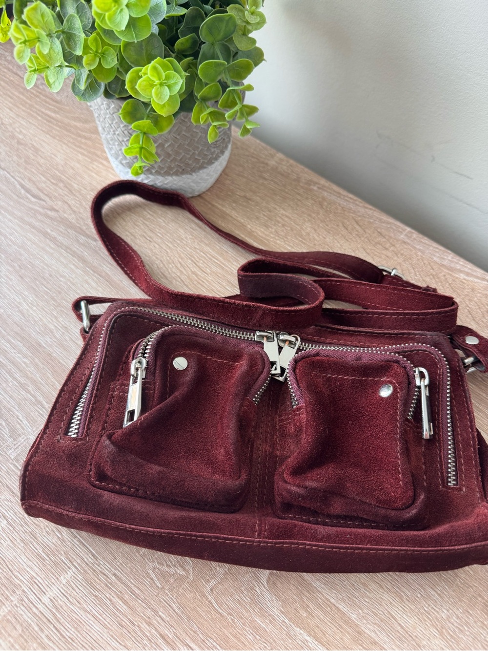Nunoo Helena Suede Crossbody Bag Burgundy Zip Pockets